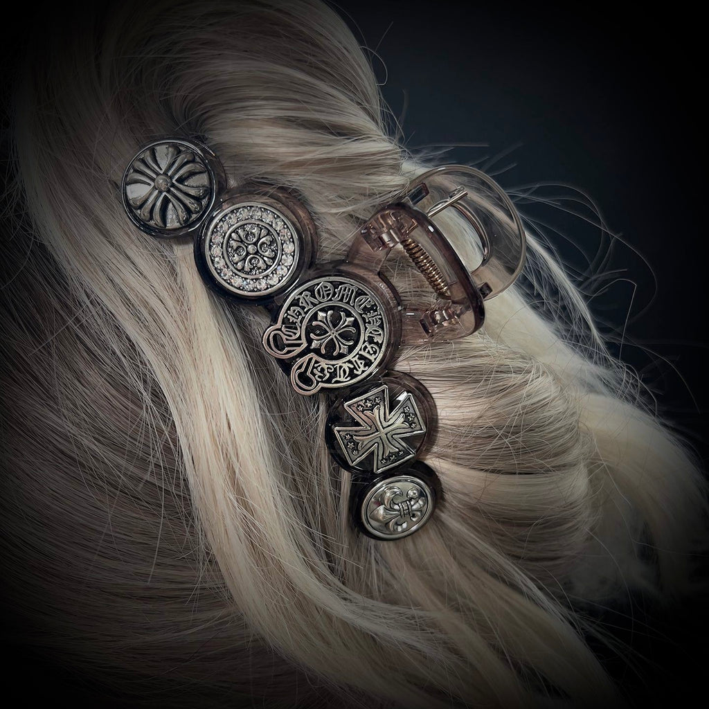Round Cross Emblem Hair Claw –  Black & Smoke