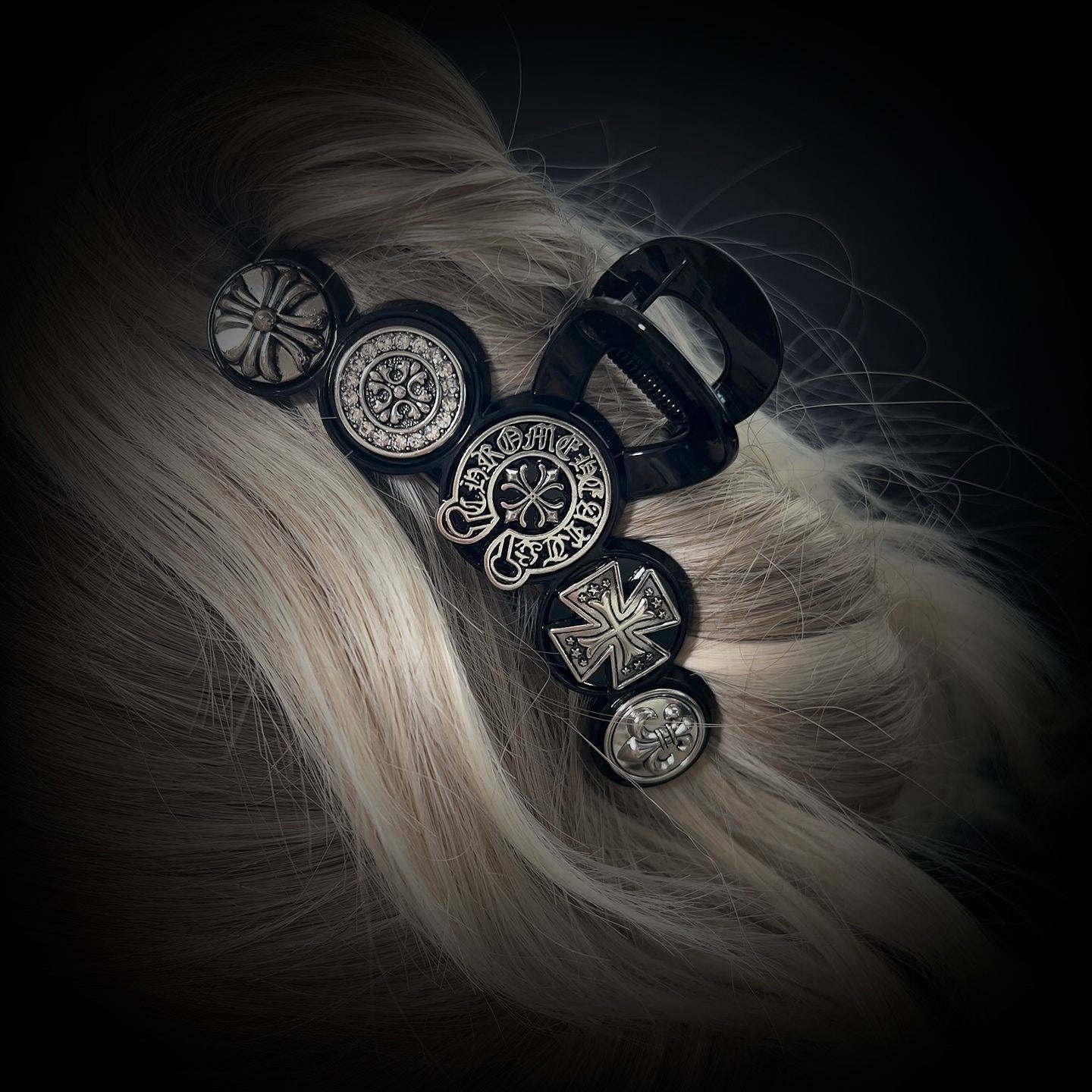 Round Cross Emblem Hair Claw –  Black & Smoke