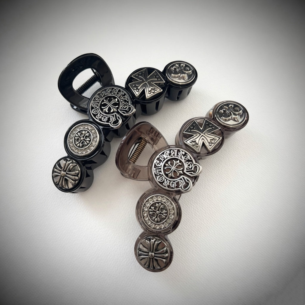 Round Cross Emblem Hair Claw –  Black & Smoke
