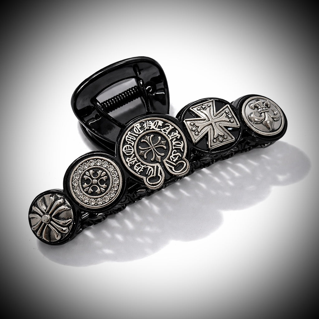 Round Cross Emblem Hair Claw –  Black & Smoke