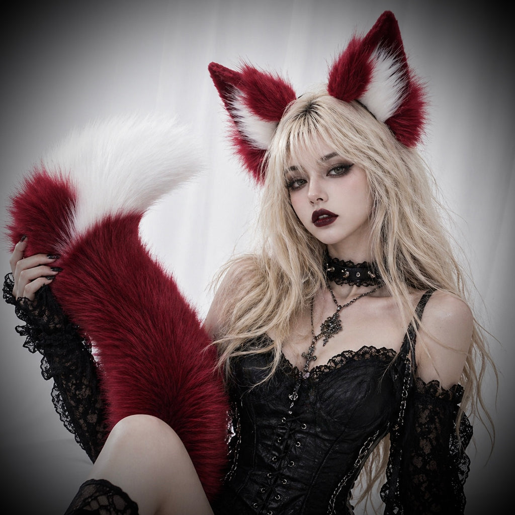 Dark Crimson Gothic Fox Ear & Tail Set